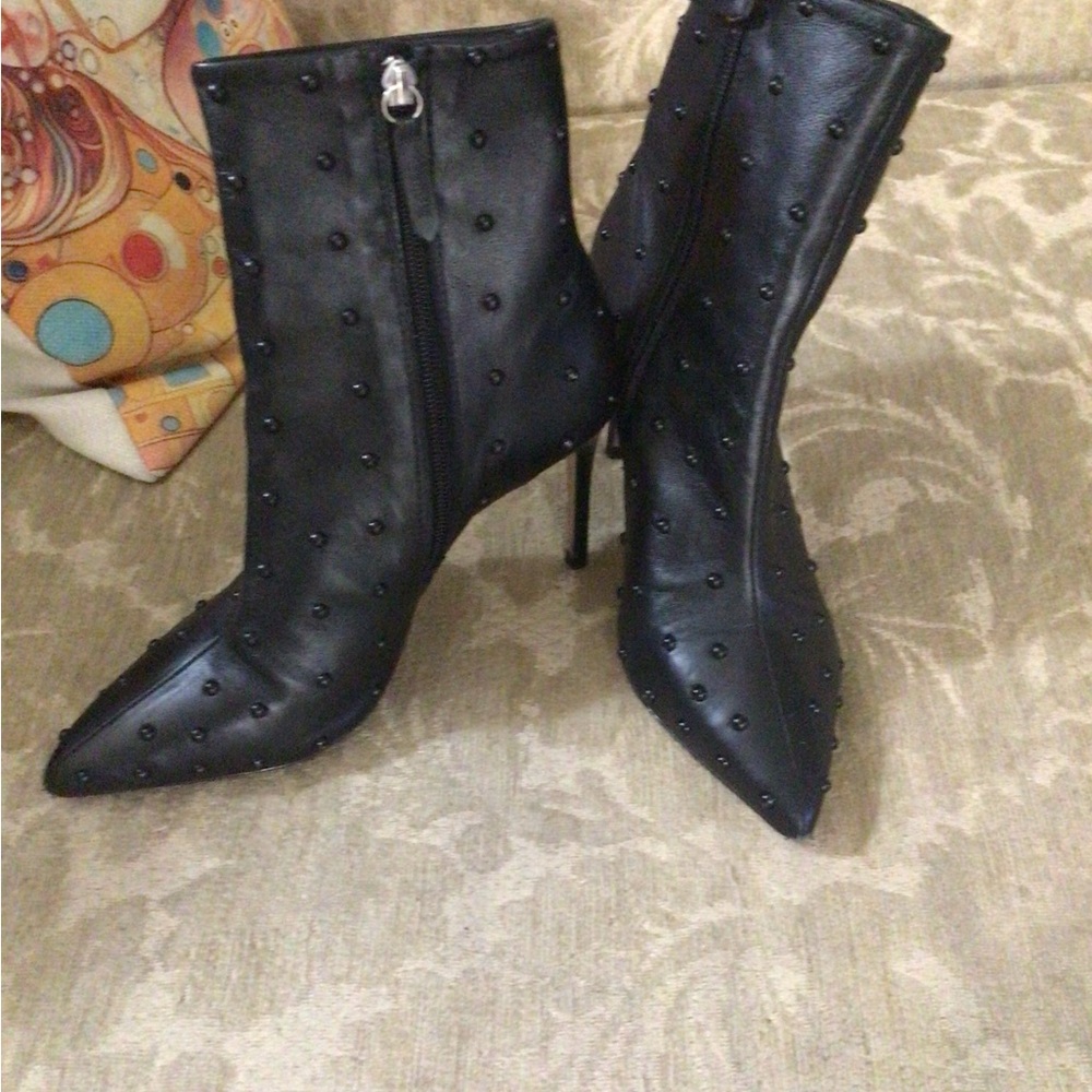Black Studded Pointed-Toe Stiletto Ankle Boots - Women